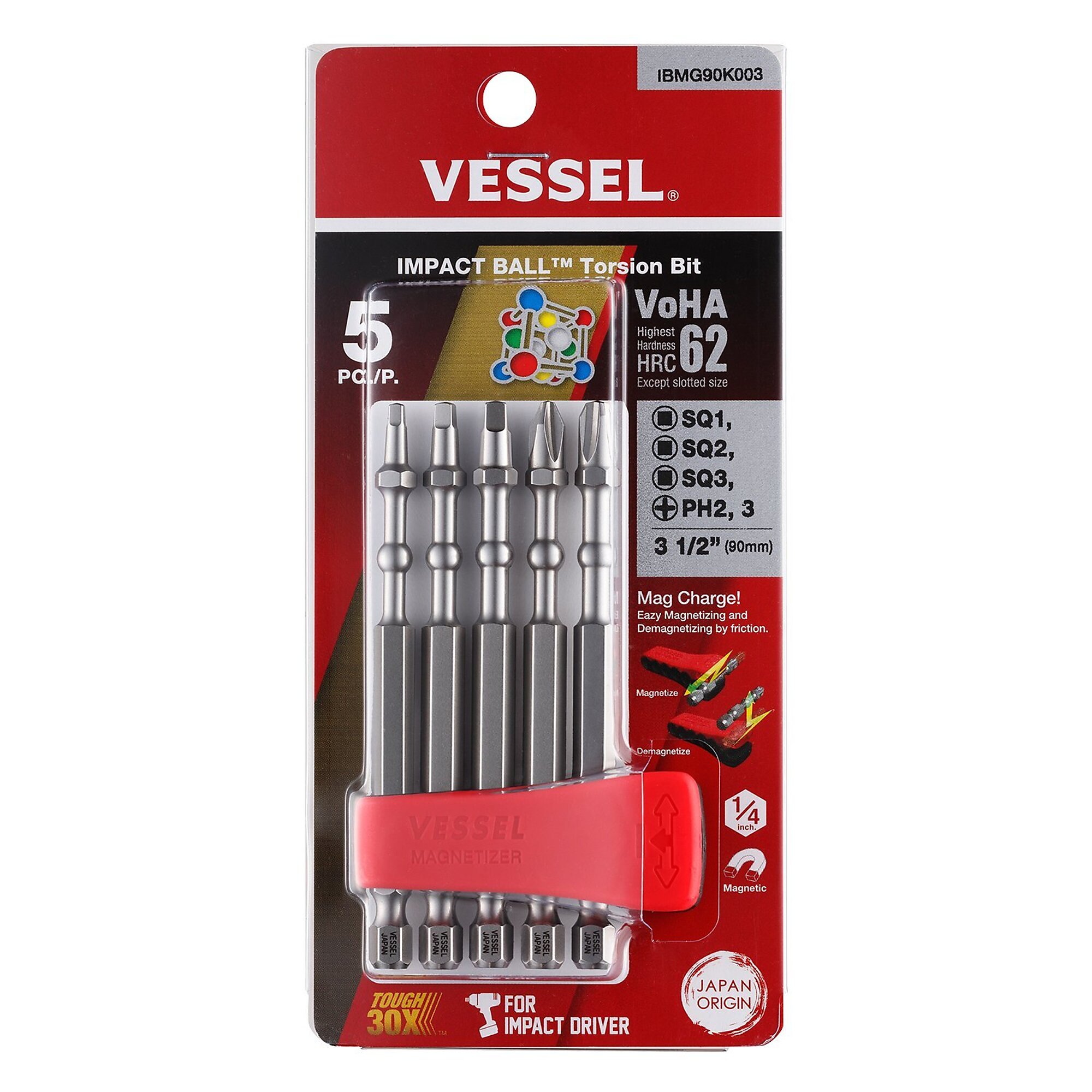 Vessel Impact Ball Torsion Bit Assortment - 1/4in. Drive, Phillips No. 2, 5 Pcs, Model# IBMG90K003